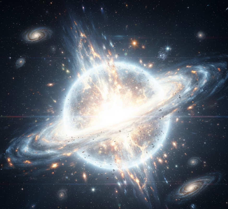 우주 공간에서 눈부시게 밝은 빛과 거대한 에너지를 외부로 방출하고 있는 화이트홀의 상상도