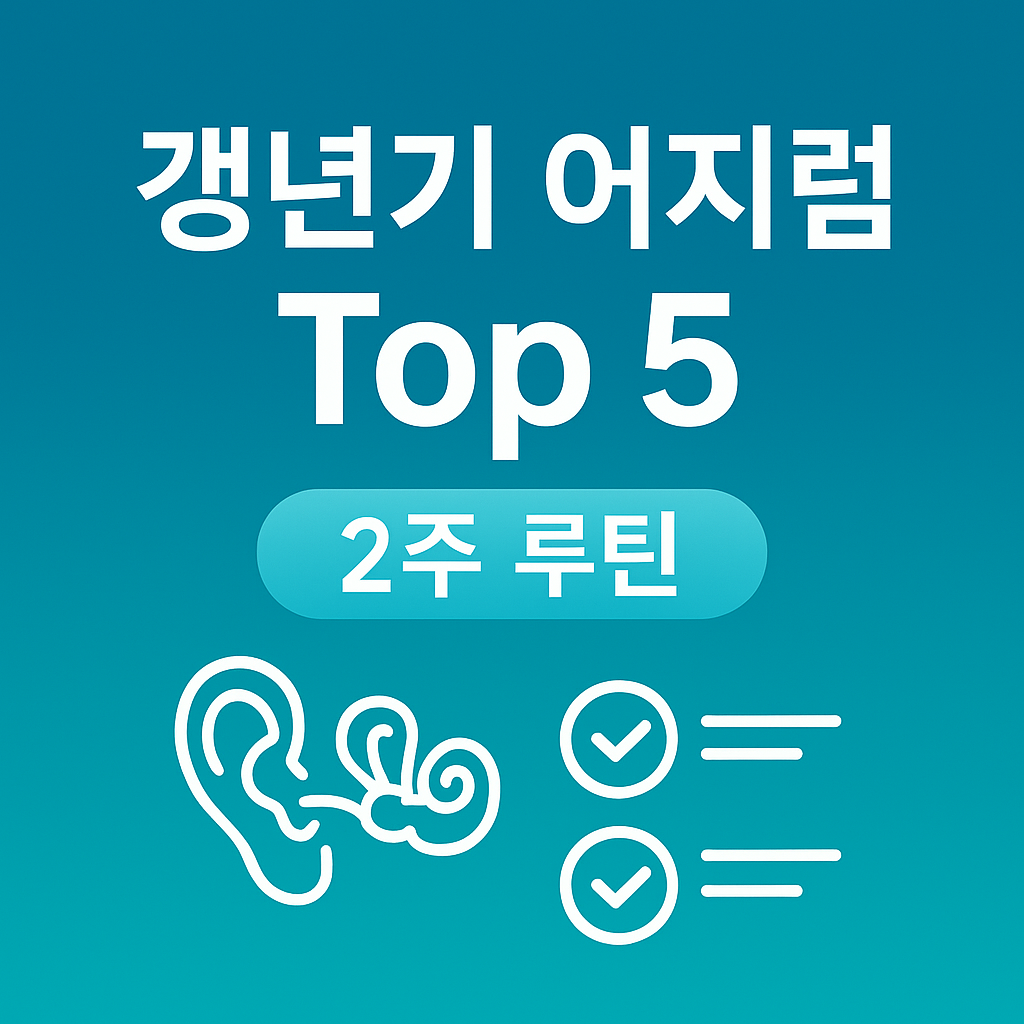 갱년기 어지럼 인포그래픽: 주요 원인 Top 5(BPPV·전정성 편두통·기립성 저혈압·메니에르·빈혈/갑상선)와 2주 생활 루틴 요약