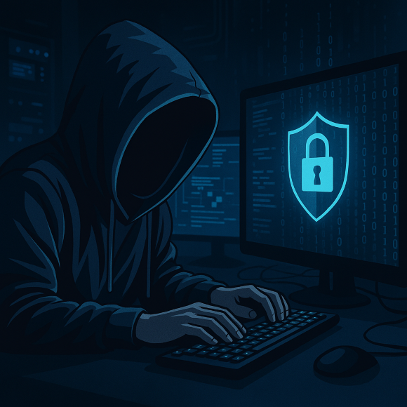 디지털 범죄를 상징하는 추상적 일러스트: 어두운 배경에서 후드티를 쓴 인물이 컴퓨터 앞에서 작업 중인 모습