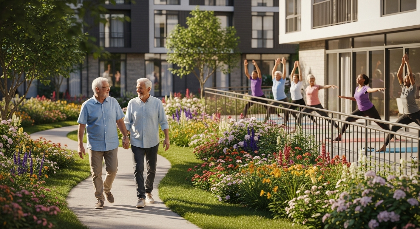 아름다운 정원에서 활기차게 생활하는 노인들이 있는 고급 시니어 하우징. 초고령사회의 유망한 주거 형태이다.