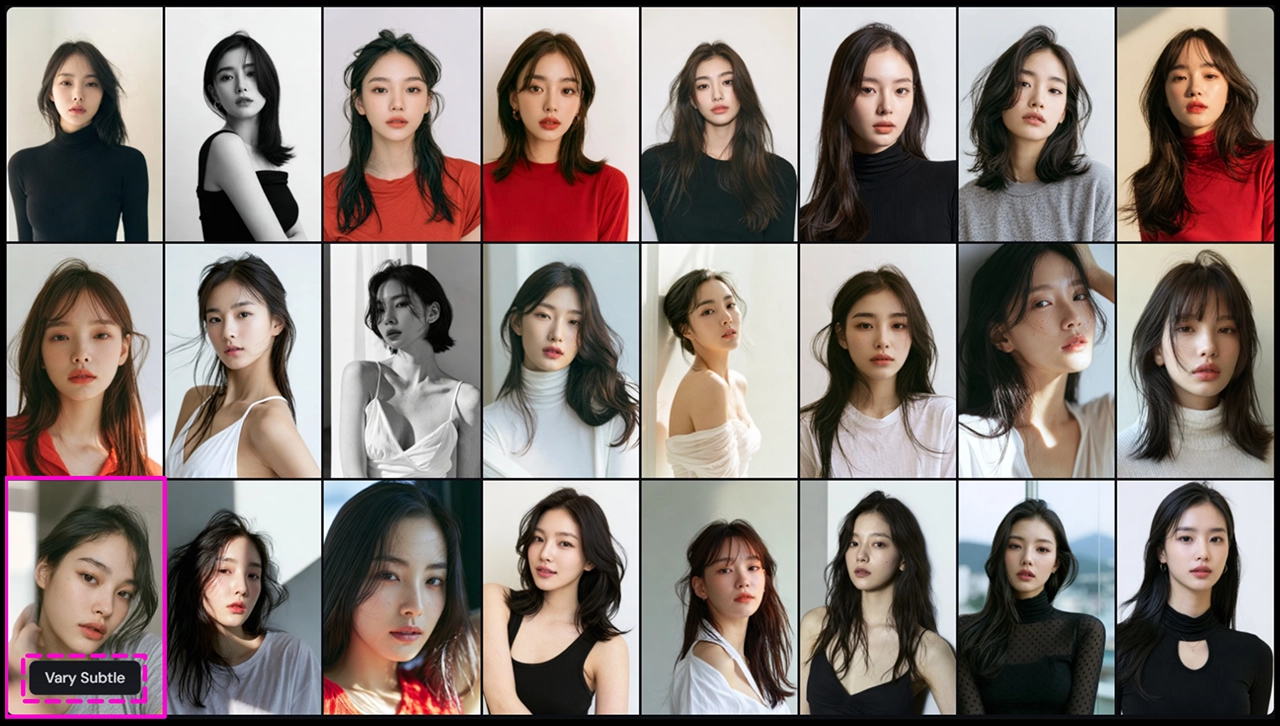 미드저니 V8.1 Draft 모드로 생성한 한국 여성 모델 셀피 24장 탐색 이미지_Midjourney
