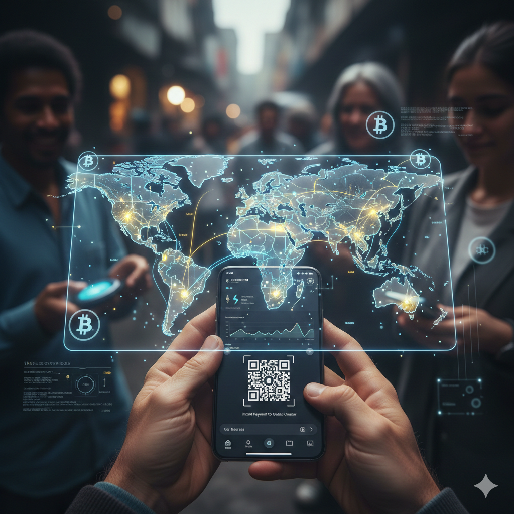 번화한 거리에서 스마트폰을 들고 있는 손을 중심으로 펼쳐진 미래지향적인 증강현실(AR) 시각화 이미지입니다. 스마트폰 화면 위로 빛나는 홀로그램 세계 지도가 공중에 떠 있으며, 지도상의 주요 도시들이 금색 선으로 촘촘하게 연결되어 전 세계로 뻗어 나가는 라이트닝 네트워크의 글로벌 노드망을 상징합니다. 스마트폰 화면에는 결제용 QR 코드와 비트코인 심볼, 그리고 네트워크 상태를 나타내는 그래프가 표시되어 있습니다. 주변에는 스마트 기기를 사용하는 사람들이 흐릿하게 배경으로 깔려 있어, 전 지구적인 소액 결제 생태계의 연결성과 확장성을 시각적으로 강조합니다.