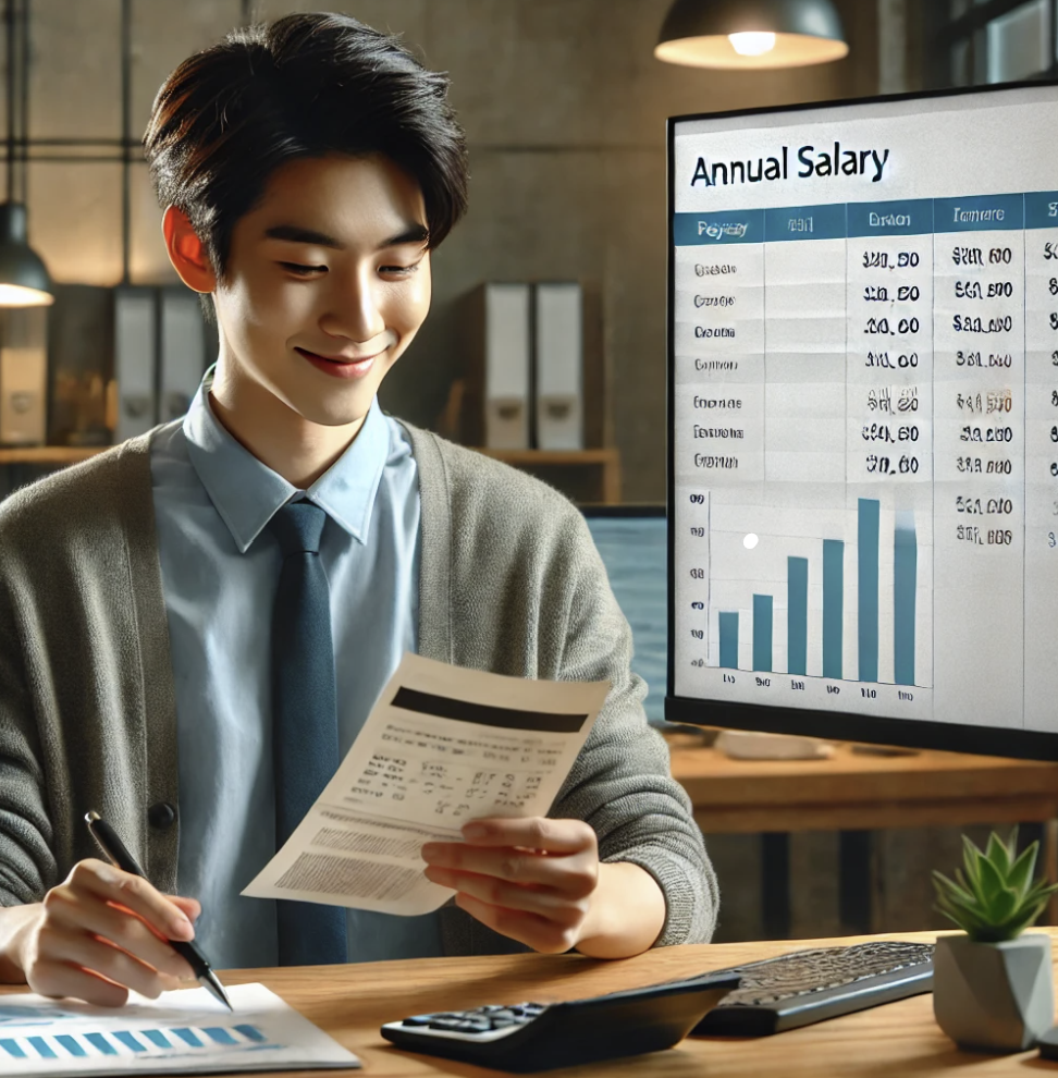 급여명세서를 확인하는 모습