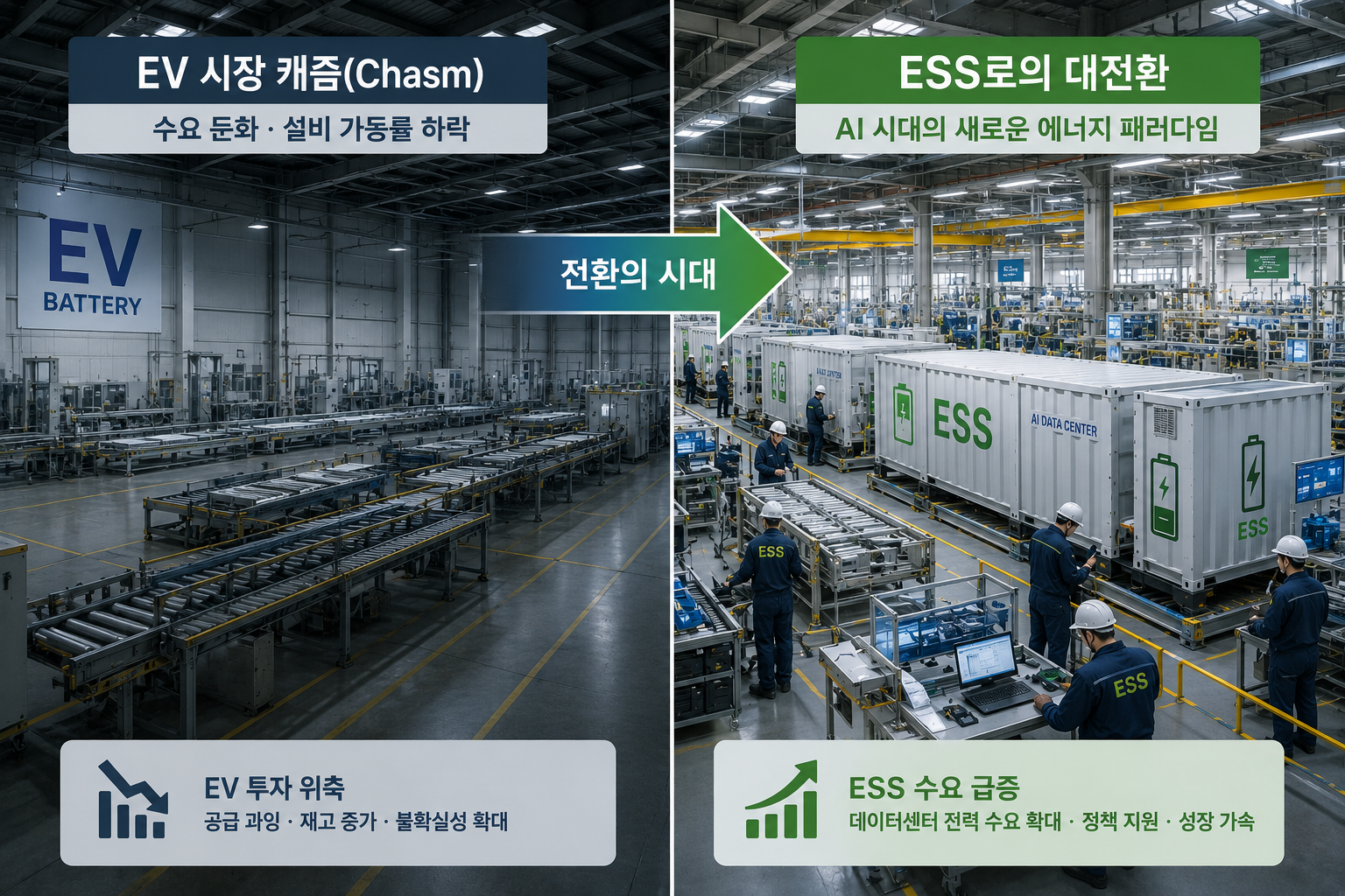 "전기차(EV) 캐즘으로 멈춘 배터리 공장이 AI 데이터센터용 ESS 생산 공장으로 전환되는 장면을 보여주는 분할 일러스트. 포드 켄터키 공장 ESS 전환을 상징"