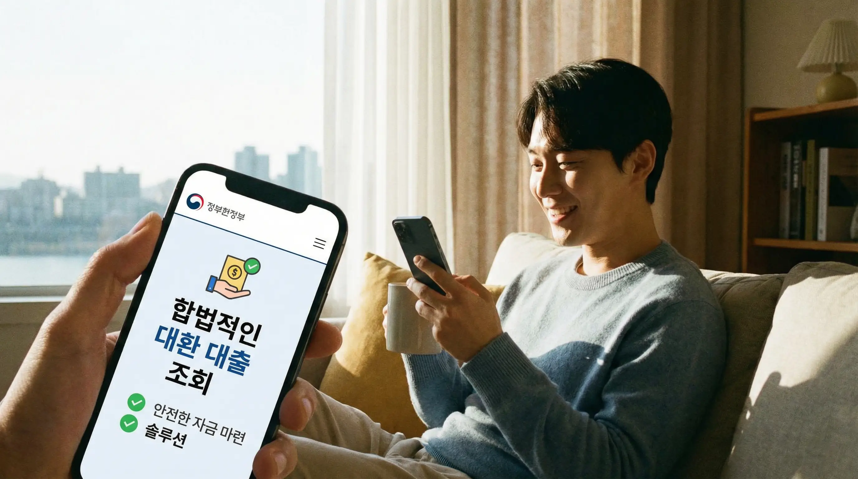 스마트폰으로 합법적인 대환 대출과 자금 마련 방법을 조회하고 해결책을 찾아 안도하는 모습