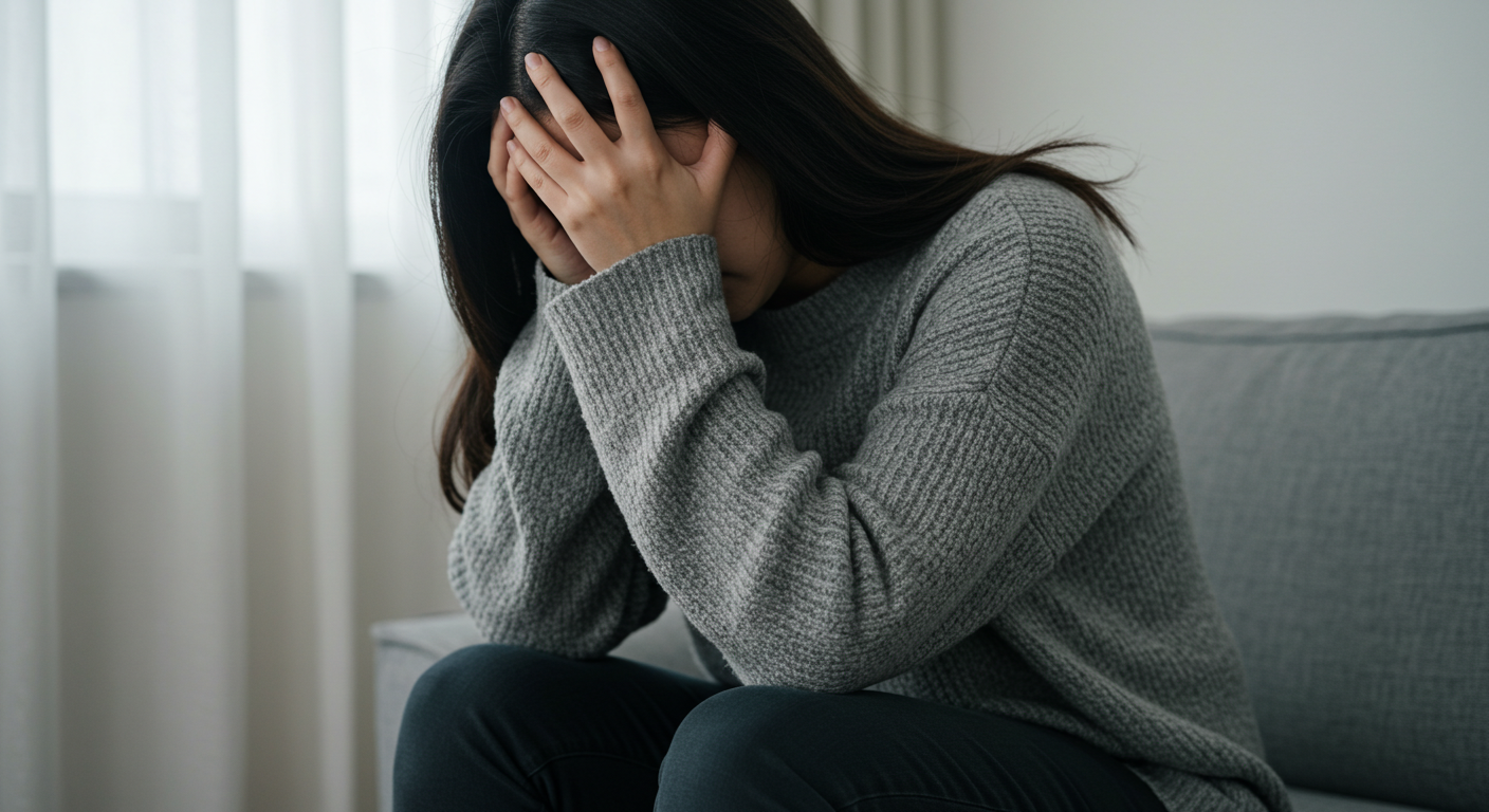 갑상선기능항진으로 고통스러워하는 여성의 이미지