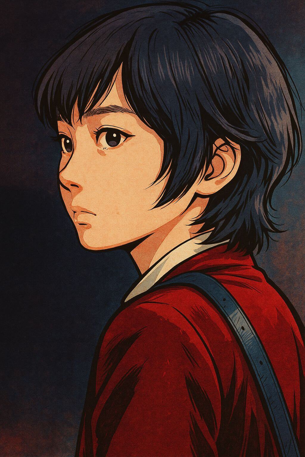 검은 배경 속 붉은 재킷을 입고 강렬한 눈빛으로 응시하는 인물의 만화풍 일러스트