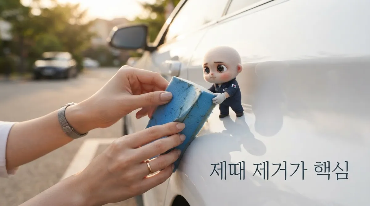차량 도장면 손상 방지를 위해 도어 가드 스펀지를 조심스레 제거하는 과정