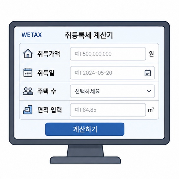 취득세 계산 전 취득가액, 취득일, 주택 수, 면적을 입력하는 과정을 설명한 이미지