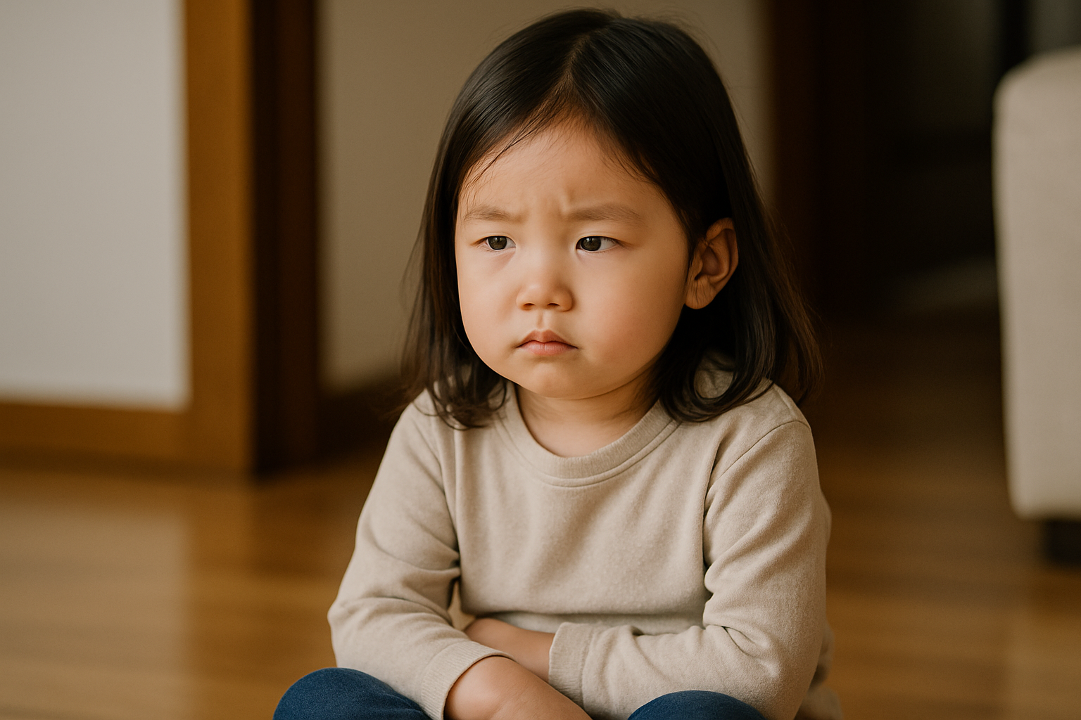 사회성 문제 행동이 성인까지 이어질 수 있을까 – 3~5세 여자아이가 생각에 잠긴 표정으로 앉아 있는 모습