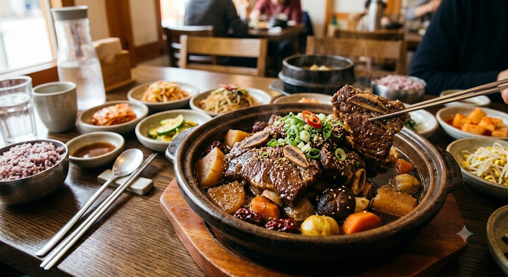 국물이 자작하고 윤기가 흐르는 한국식 LA 갈비찜이 뚝배기에 정갈하게 담겨 있는 모습. 잘 익은 갈비 고기 위로 둥글게 깎은 무, 주황색 당근, 대추, 밤 등의 고명이 풍성하게 올라가 있어 먹음직스러운 느낌을 줍니다.