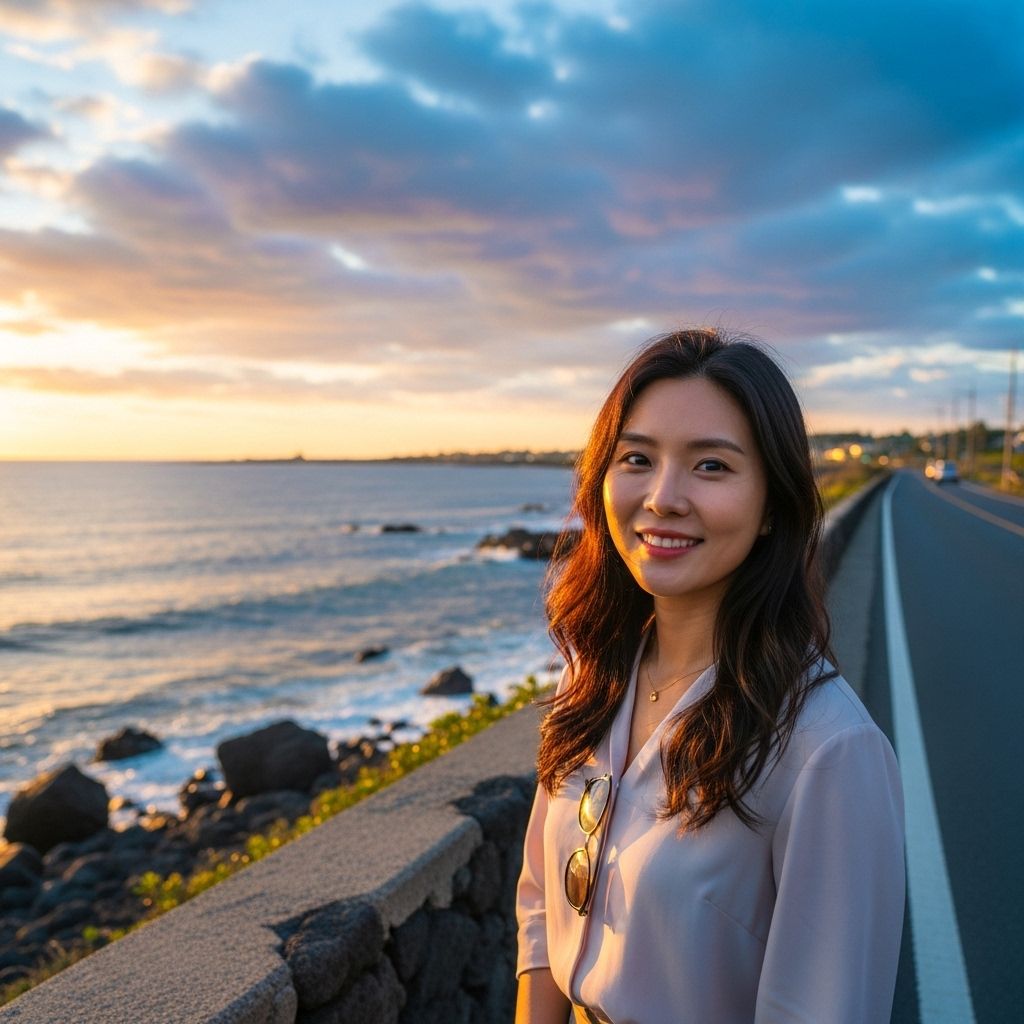 경차 사랑카드&amp;#44; 해안도로에 서 서있는 여성