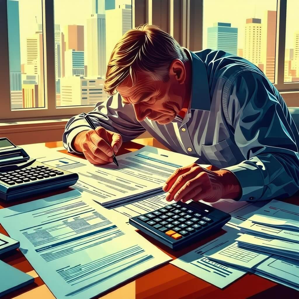 부동산 세금 관련 서류나 계산하는 모습