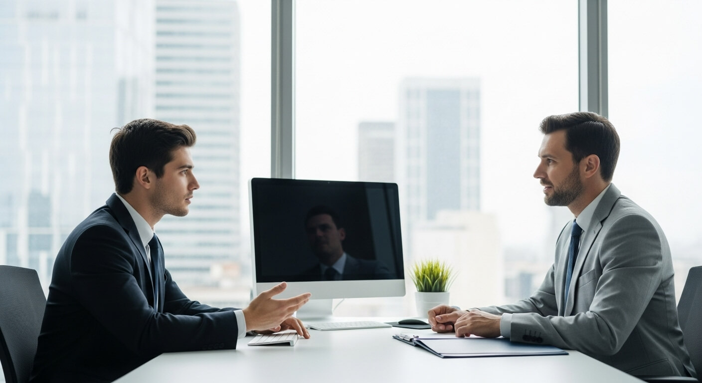 사무실에서 두 남성이 대출 관련 상담을 나누는 장면
