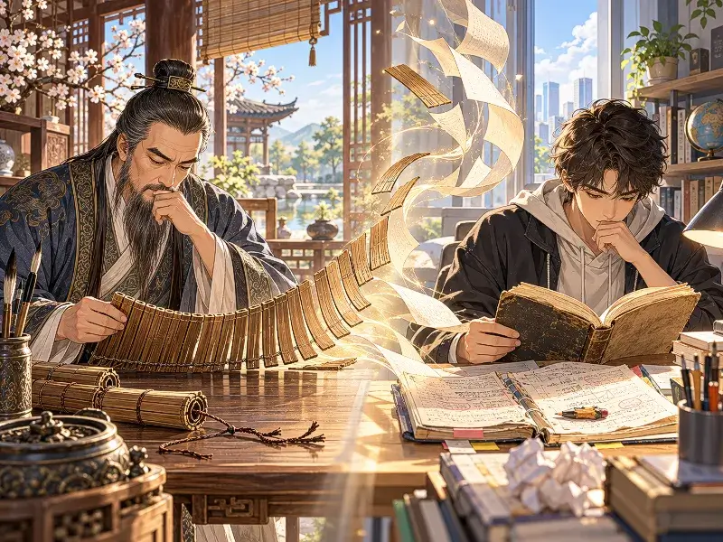 Illustration of Wipyeonsamjeol, a Korean idiom about persistent learning, showing Confucius repeatedly reading ancient bamboo slips and a modern student studying a worn book, with bamboo strips transforming into book pages to symbolize lifelong learning.