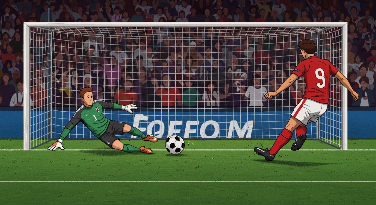 페널티킥에서 가운데로 굴러가는 공과 왼쪽으로 몸을 날린 골키퍼