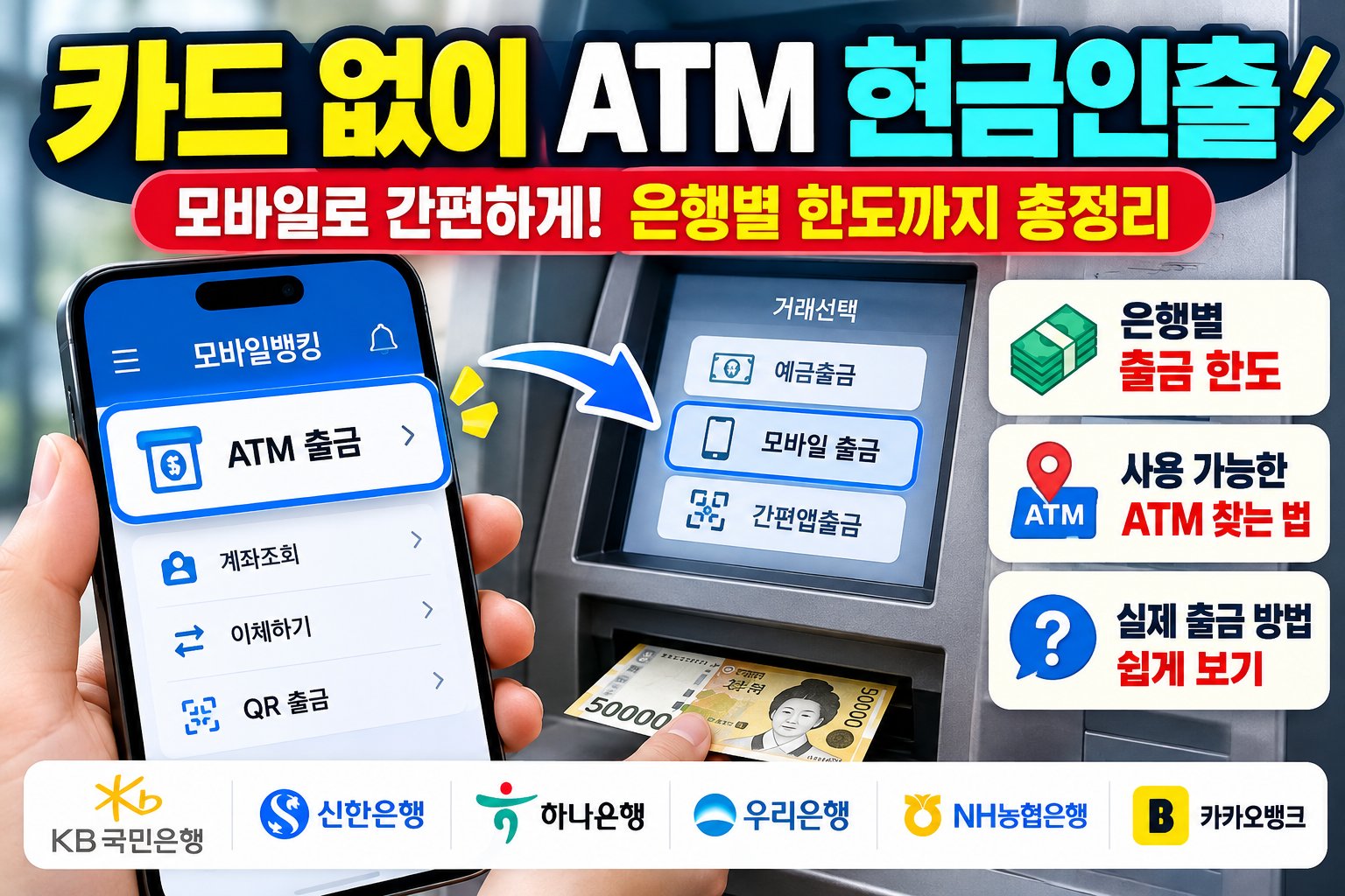 카드 없이 ATM 현금인출 방법 은행별 모바일 출금 한도와 사용 가능한 ATM 찾는 법