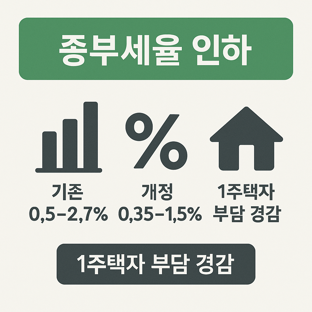 종부세율 개정으로 인한 1주택자의 세금 부담 감소와 관련된 수치 변화 및 절세 혜택을 설명한 부동산 세금 인포그래픽입니다