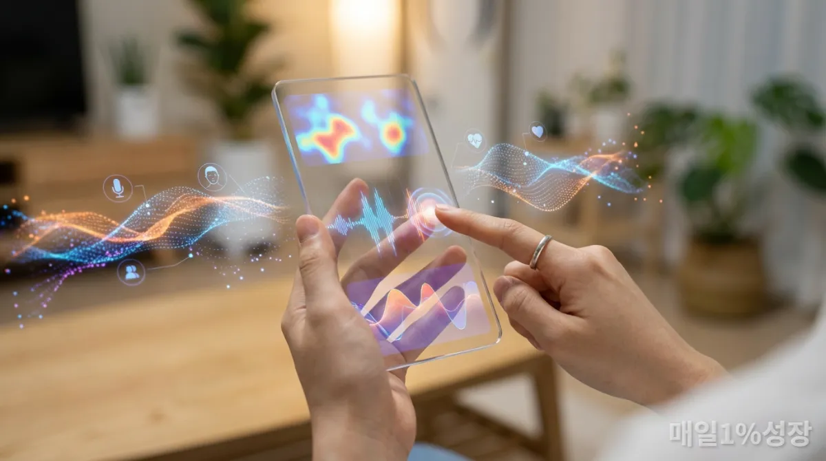 AI가 음성, 표정, 생체 신호를 분석하여 감정 패턴을 시각화하는 모습