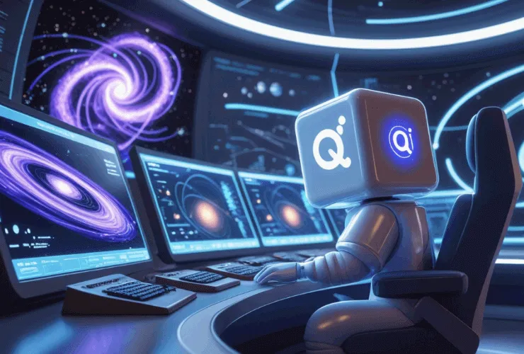 우주 관제실 스타일의 미래형 연구소에서 큐브형 QCi 마스코트가 여러 대의 모니터를 보며 은하 시뮬레이션을 분석하고 있다. 모니터에는 나선 은하와 위성 궤도 데이터가 생생하게 표현되어 있으며, 픽사풍의 밝고 청명한 분위기와 첨단 기술 느낌이 어우러져 있다.
(Cube-shaped QCi mascot analyzing galaxy simulations on multiple monitors in a futuristic NASA-style control room. Pixar-style, with glowing space visuals and high-tech atmosphere.)