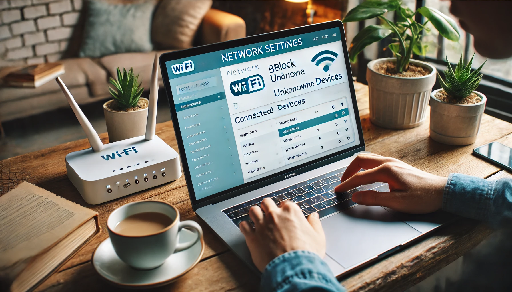 공유기 설정 페이지 접근 &ndash; 노트북에서 공유기 설정을 확인하고 연결된 기기를 차단하는 화면