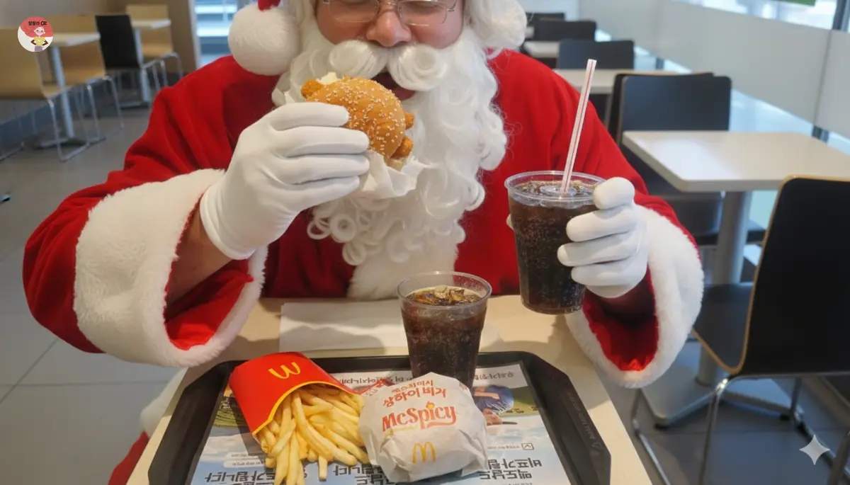 맥도널드 상하이 버거 세트를 즐기고 있는 산타할아버지 이미지 제미나이 생성