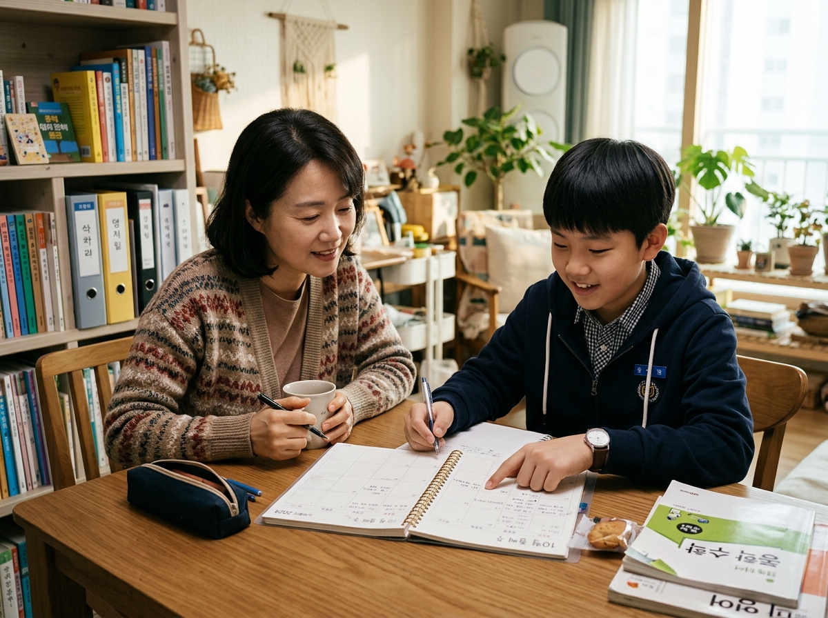 자녀와 부모님이 함께 학습 계획을 세우는 모습