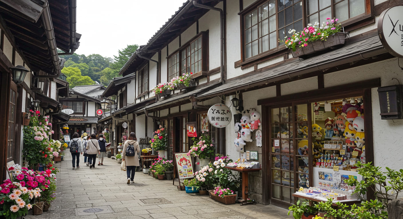 유후인 플로랄 빌리지의 유럽풍 코티지와 꽃 장식, 상점 창문에 전시된 애니메이션 캐릭터 굿즈