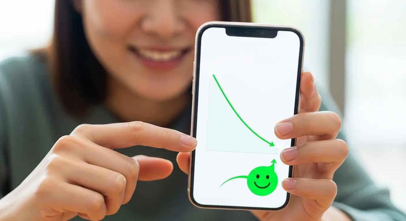 스마트폰 화면에서 대출 이자가 줄어든 그래프를 확인하며 만족스럽게 웃는 사람의 모습