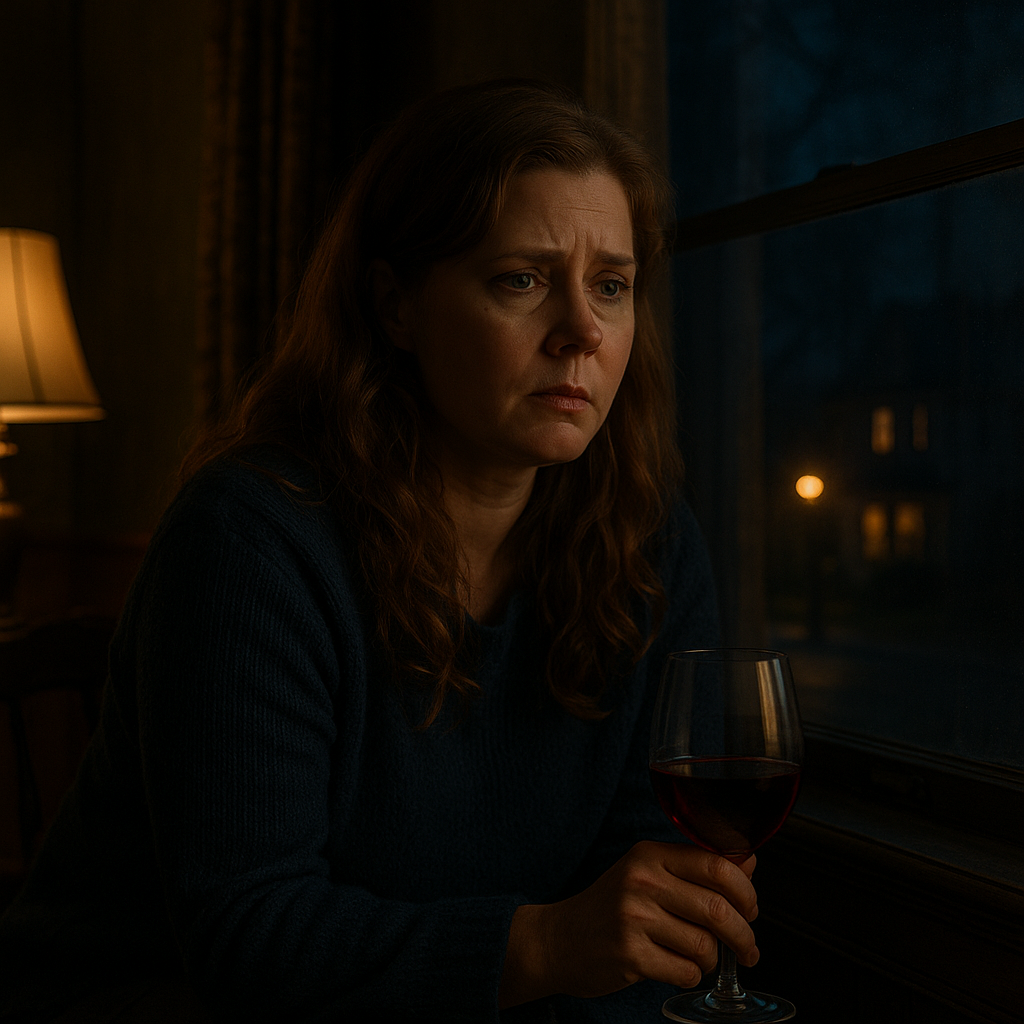 어두운 저녁, 따뜻한 조명이 비추는 미국식 빈티지 거실 내부. 창문 가까이에 앉은 중년 여성이 슬픈 눈빛으로 창밖을 응시하고 있다