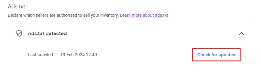 구글 애드센스 Ads.txt Check for updates 클릭
