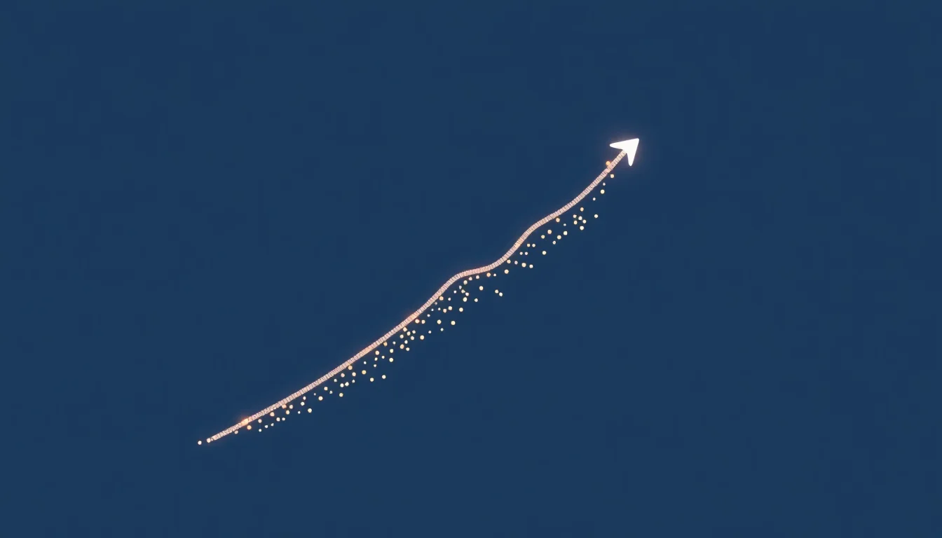 푸른 배경에 빛나는 화살표와 점들이 솟아오르는 모습