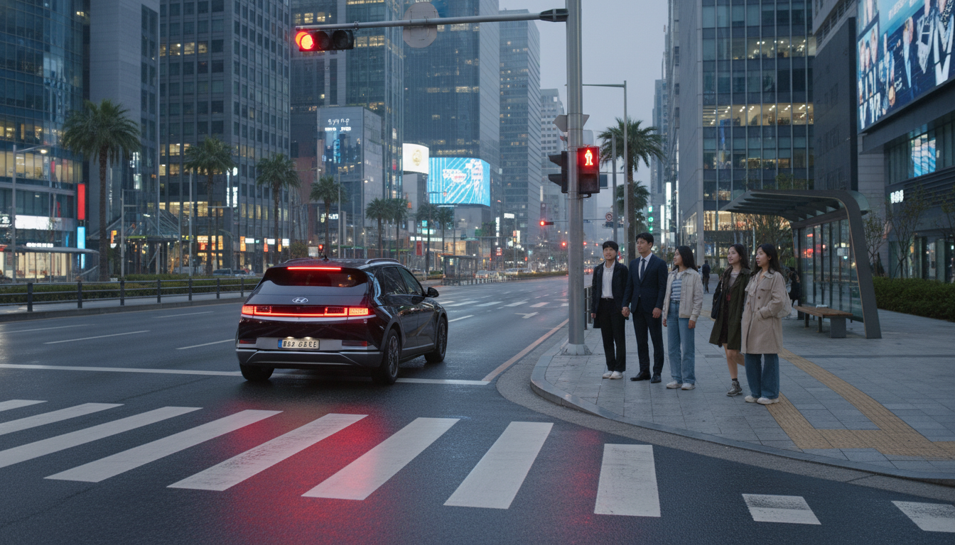 차량 신호가 적색일 때 횡단보도 앞에서 대기하고 있는 보행자들의 모습.