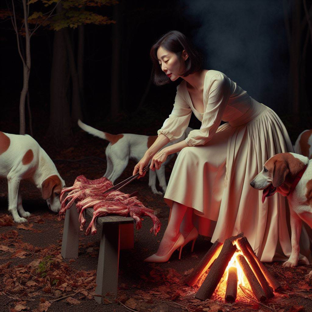 개고기 아닙니다. aI에게 "어두운 저녁 숲에서 사냥을 마치고 모닥불 앞에서 혼자 고기를 뜯고 사냥개는 홀대하는 모습"을 그려 달라했습니다.