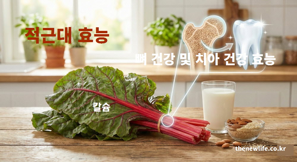 적근대의 풍부한 칼슘 성분이 뼈와 치아 건강에 미치는 효능을 설명하는 인포그래픽 이미지