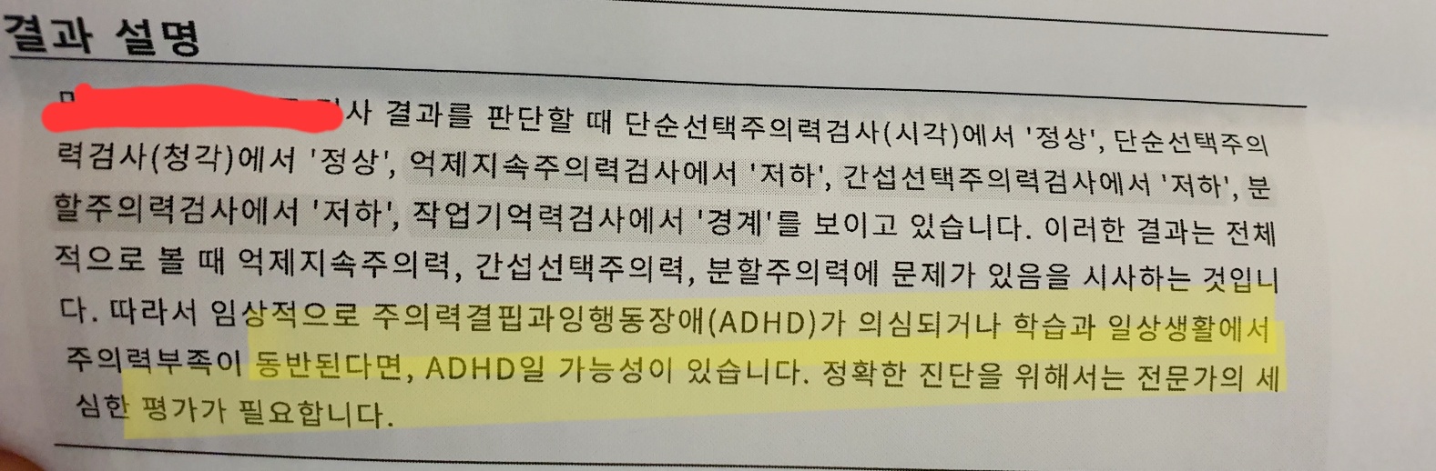 ADHD 진단 내용