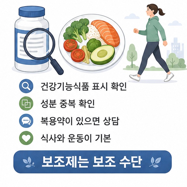 다이어트 보조제를 고를 때 제품 표시와 성분 중복, 복용약을 확인하고 균형 잡힌 식사와 규칙적인 운동을 기본으로 해야 함을 보여 주는 그림