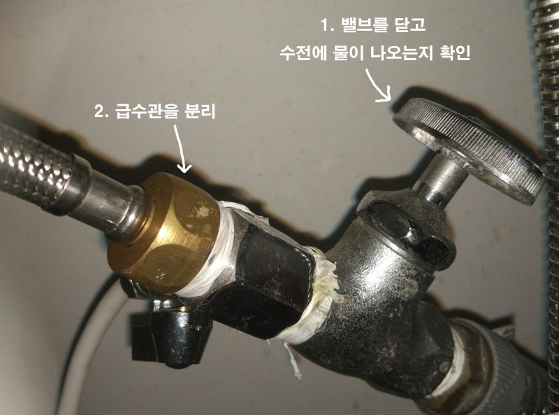 급수관을 연결하기전 싱크대로 연결되는 급수관과 정수기로 연결되어있는급수관이 있음