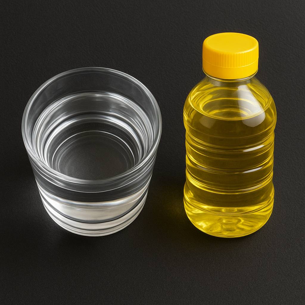 식용유는 물 위에 퍼지며 잠시 동안 예쁜 무늬를 만든다. 하지만 금방 다시 뭉친다.