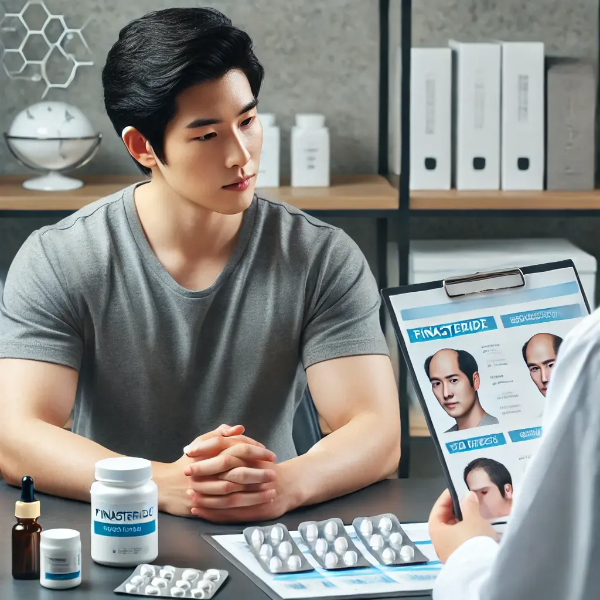탈모 치료와 피나스테리드 복용법을 상담 중인 한국인 남성과 의료진, 부작용과 복용 가이드 설명