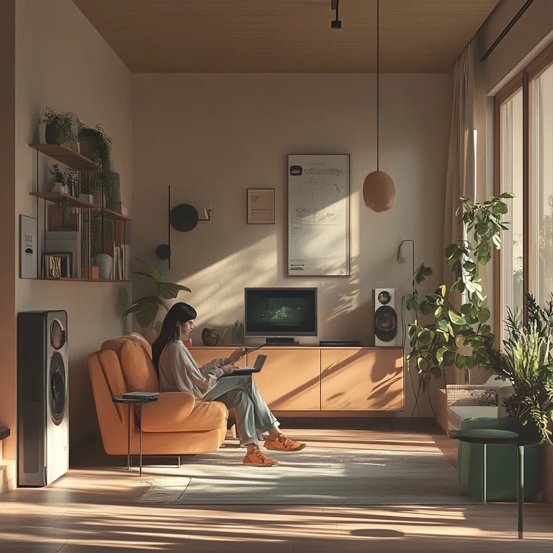 스마트홈 사용자로서 다양한 가전을 구독하여 선진적 생활을 영위하는 일상을 표현합니다. 현대적 인테리어와 은은한 파스텔 톤이 돋보이며, 생활의 품격과 편리함을 보여줍니다.