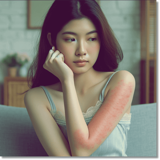 팔에 심한 두드러기가 발생한 아나필락시스 환자
