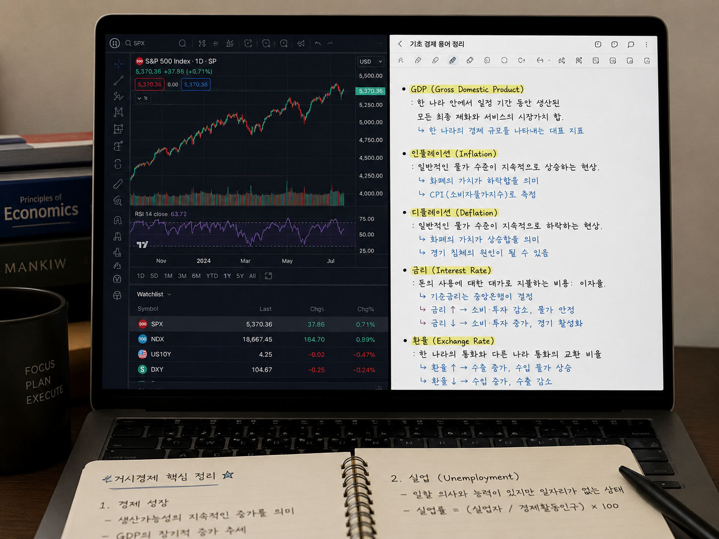 노트북 화면에 금융 그래프와 기초 경제 용어 필기노트가 펼쳐져 있는 모습