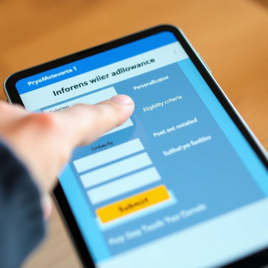 스마트폰 화면에서 아동수당 신청 페이지가 보이도록 연출합니다. 손가락으로 화면을 가리키거나 클릭하는 모습이 포함되면 이해를 돕습니다.