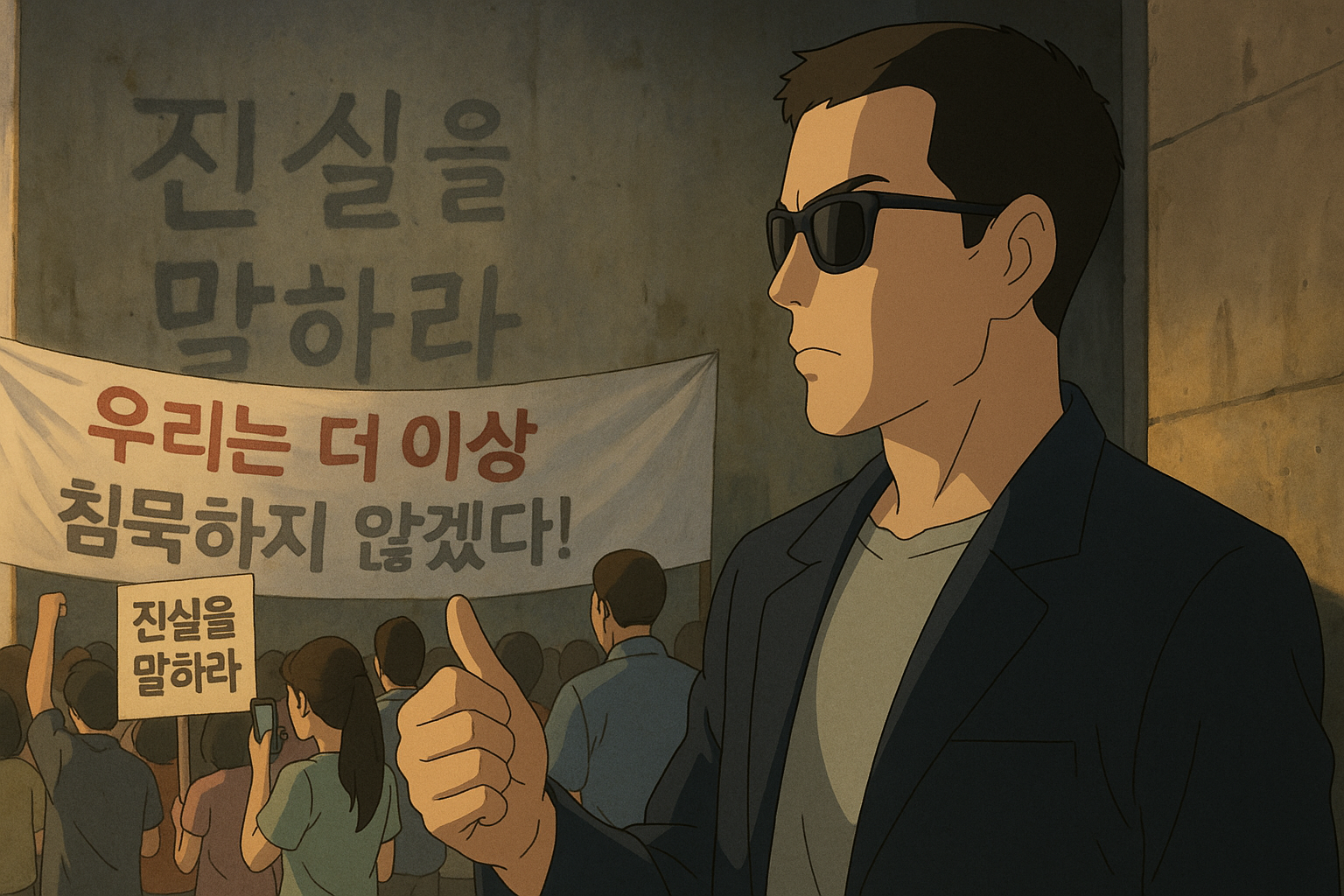 시위 뒤편에서 조용히 지시만 하는 민승재의 뒷모습