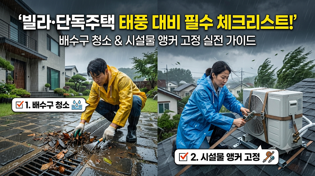 빌라 단독주택 태풍 대비 필수 체크리스트: 배수구 청소와 시설물 앵커 고정 실전 가이드