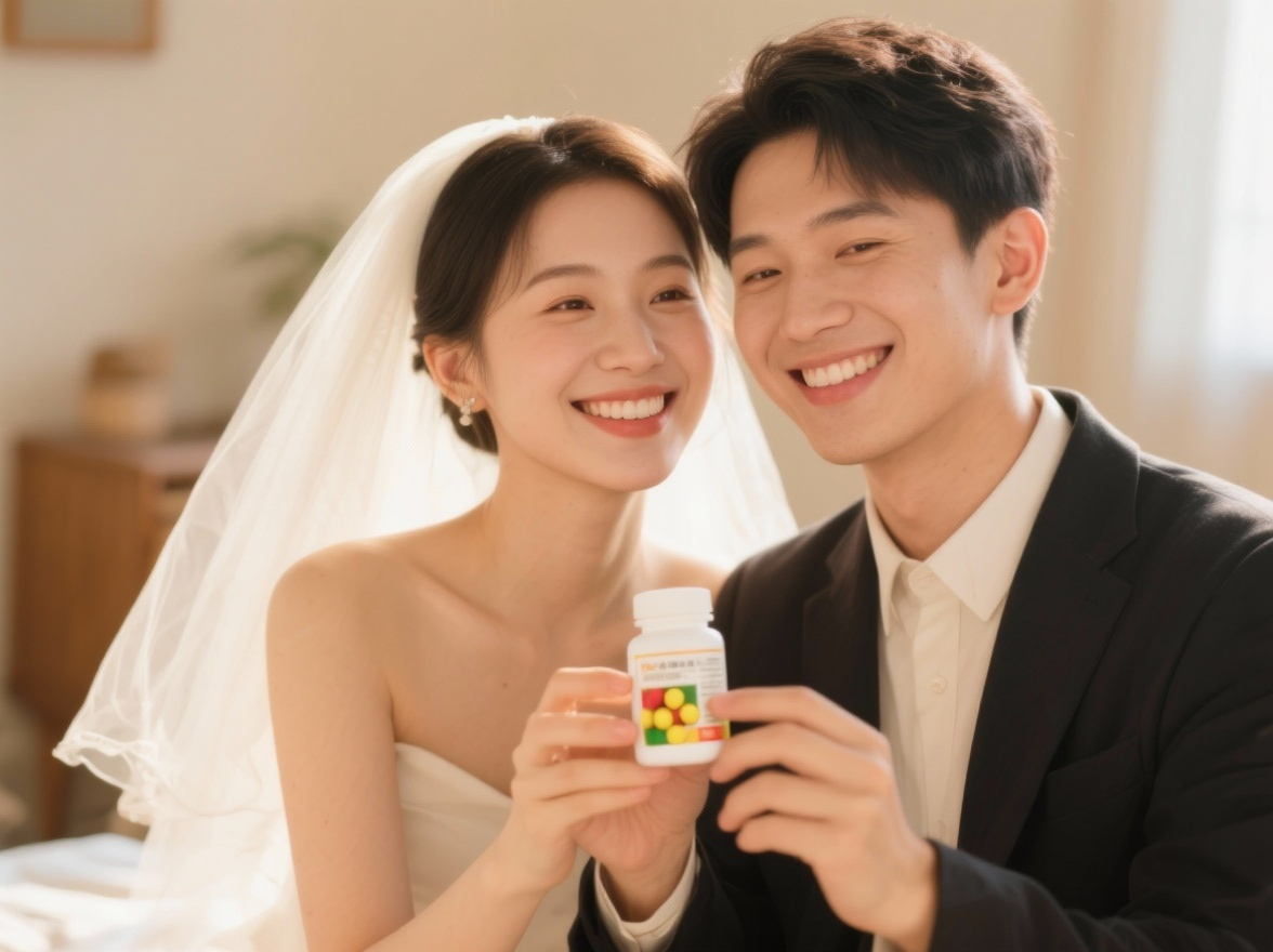 신혼 부부가 임신을 준비하기위해 엽산을 복용을 강조하는 사진.