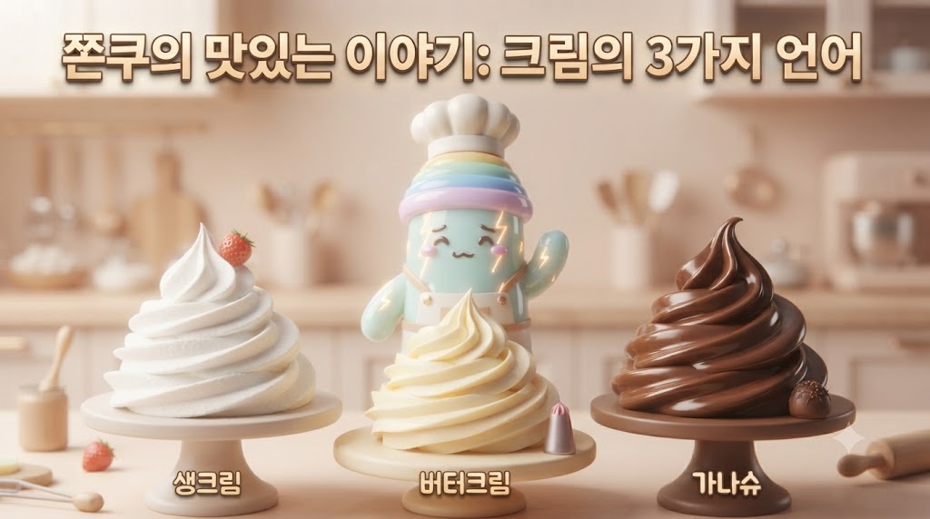 쫀쿠의 맛있는 이야기, 이번엔 케이크의 얼굴을 결정하는 세 가지 크림입니다! 입체적인 3D 쫀쿠가 거대한 휘핑기와 초콜릿, 버터 블록 사이에 서서 세 가지 크림(가볍고 하얀 생크림, 진한 버터크림, 윤기 나는 가나슈)을 마법처럼 다루고 있습니다. 배경에는 '버터크림', '생크림', '가나슈'라는 입체적인 글씨가 빛나고 있습니다.