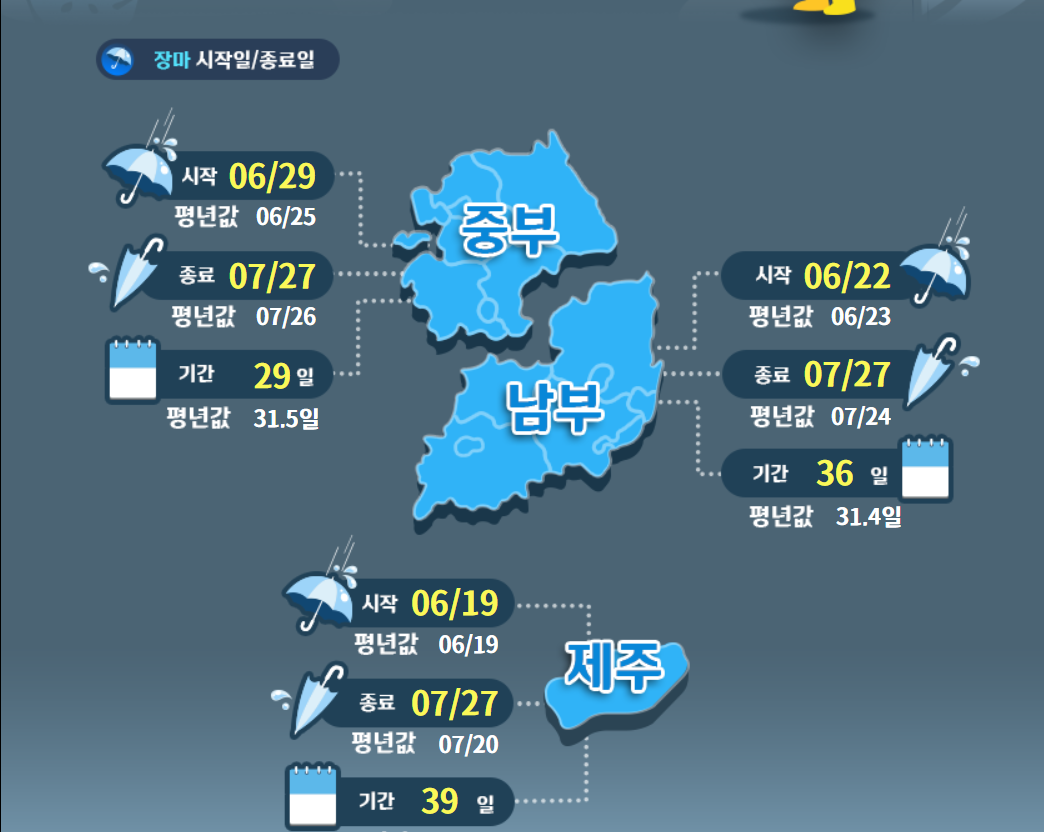 장마 시작 지도