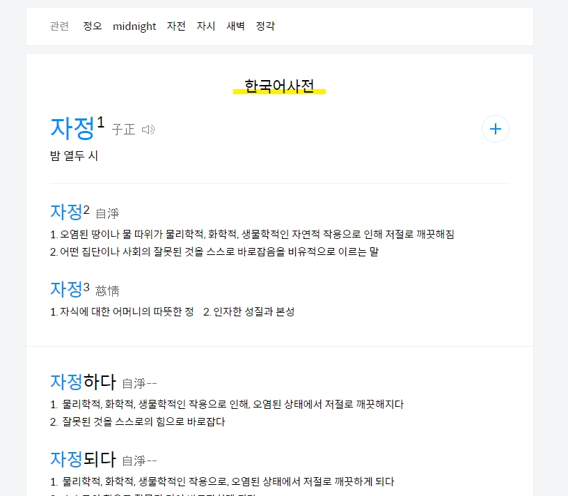 자정의 상세한 뜻과 한자 풀이가 나와 있는 화면